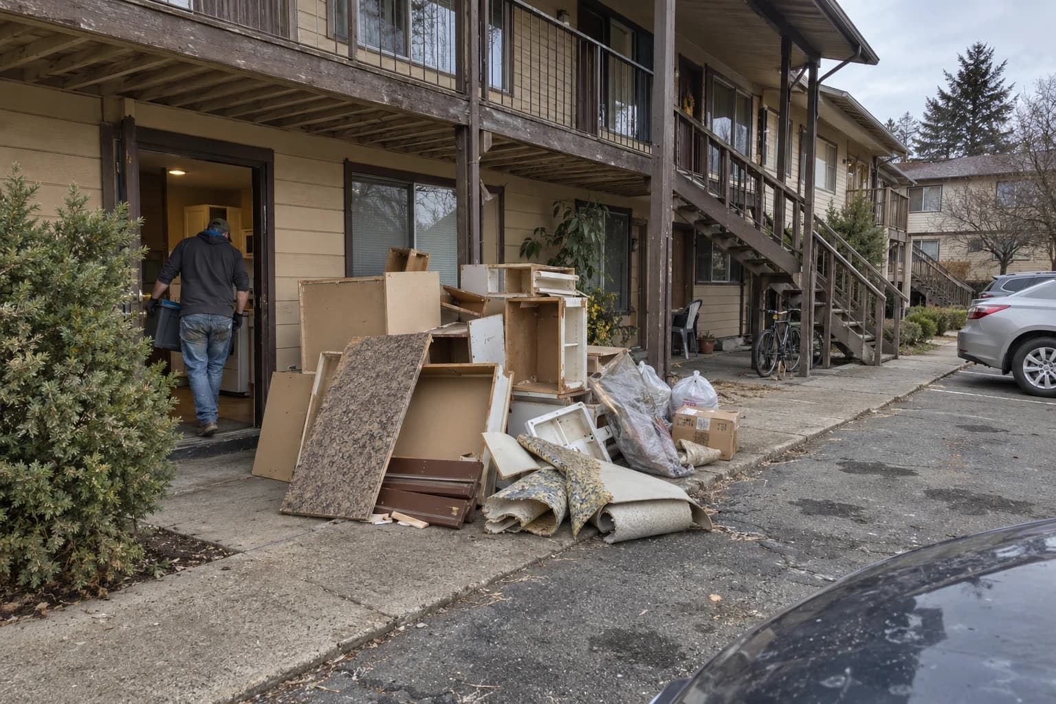 Generated during cleanup example: an occupied older apartment building with removed cabinets, carpet and renovation waste beside a ground-floor unit