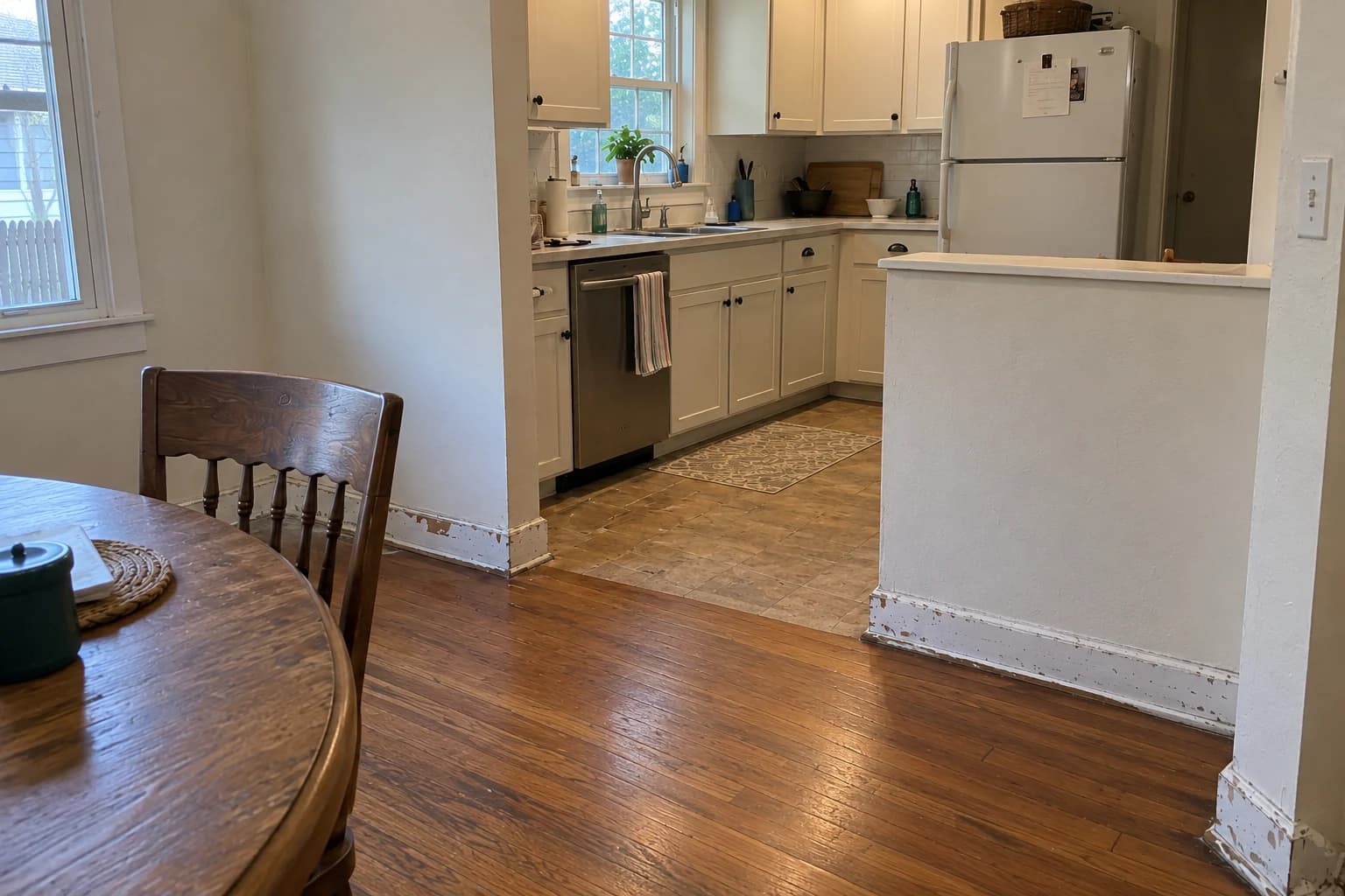 Generated after example: the same occupied home photographed from beside the dining table, with the waste removed and old floors, chipped baseboards and everyday belongings unchanged