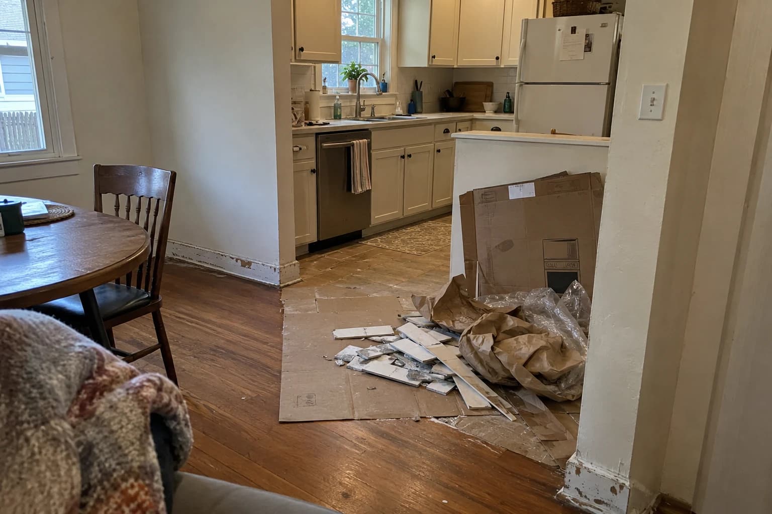 Generated before example: a lived-in home with broken backsplash tiles, cabinet trim and appliance packaging left after a kitchen remodel